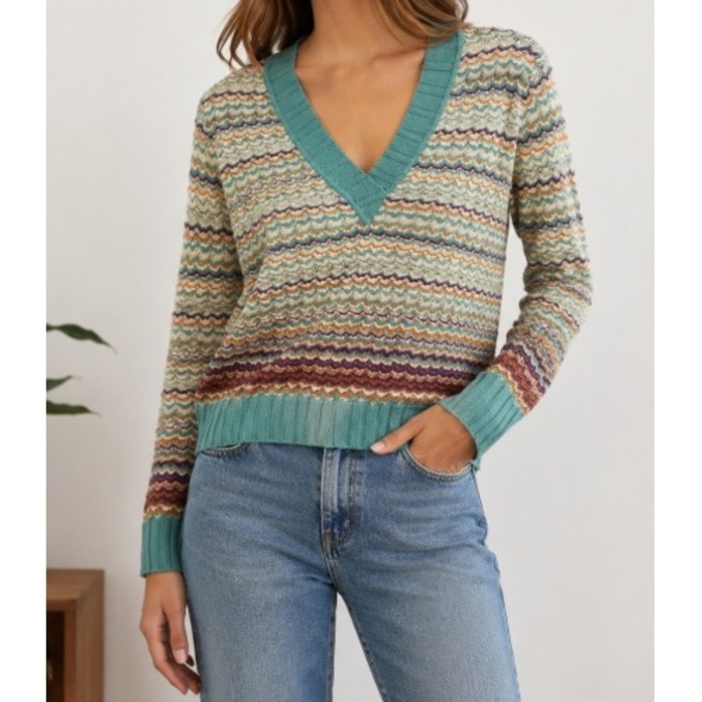 Missoni Sweater Women's Size L IT 44 Multicolor Zigzag Knit V-Neck Ribbed